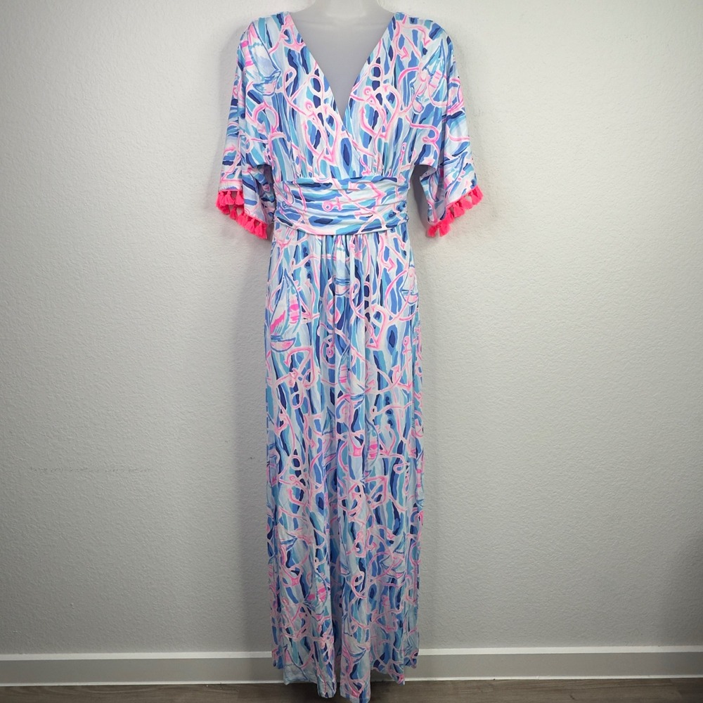 Lilly Pulitzer Parigi Maxi Dress Womens S Blue Pink Reel Nautical Tassel Coastal
